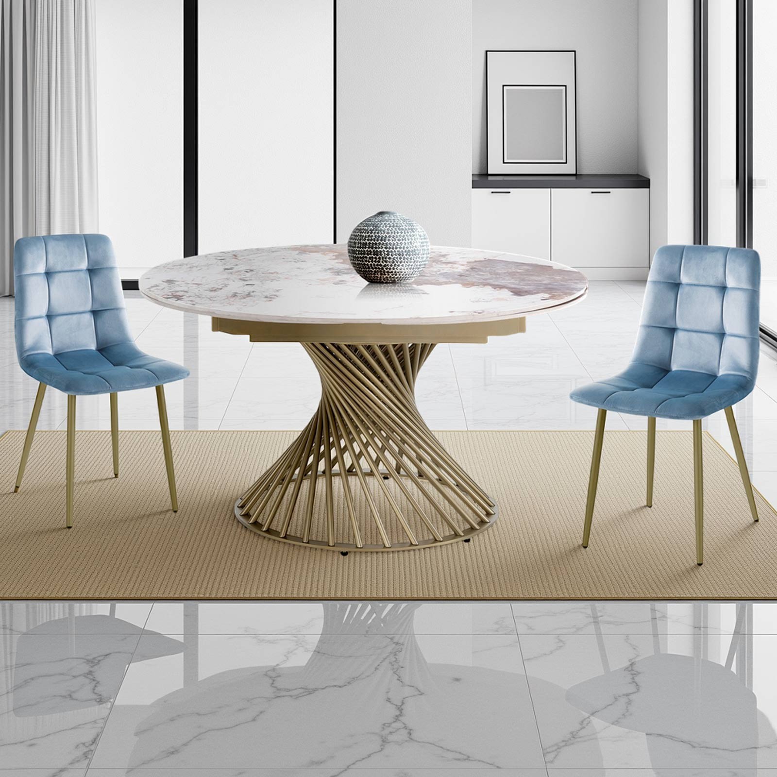 Tavolo allungabile CICLON ORO basamento Champagne Oro opaco piano ceramica marmo Onice lucido H75 Ø.120 chiuso  P120xL180 aperto