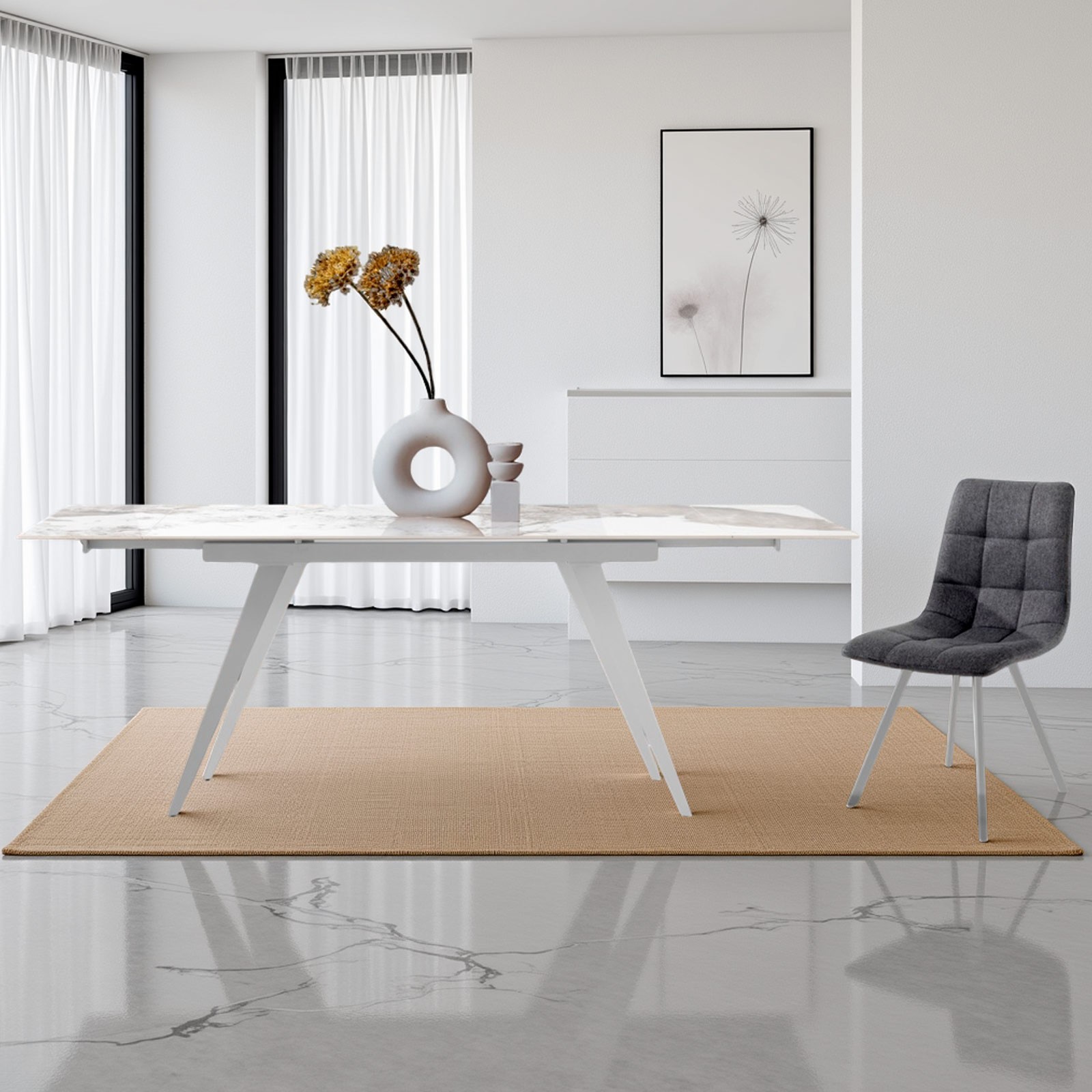 Tavolo allungabile SHARA MARMO ONICE basamento Bianco opaco piano ceramica finitura Marmo Onice lucido cm H75 P81 L140