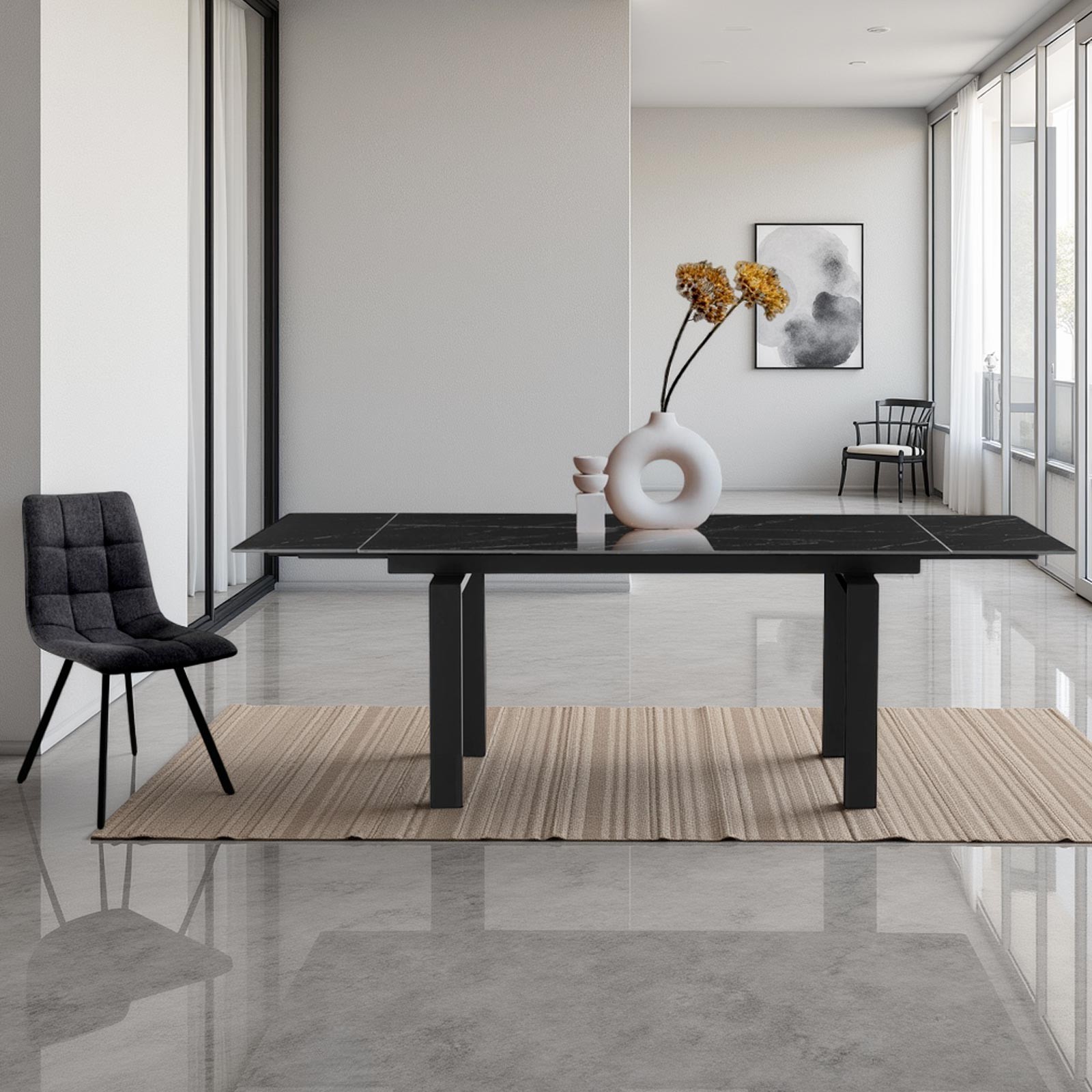Tavolo allungabile IGOR MARMO NERO basamento acciaio Nero opaco piano ceramica Marmo Nero lucido H76 P90 L140-200