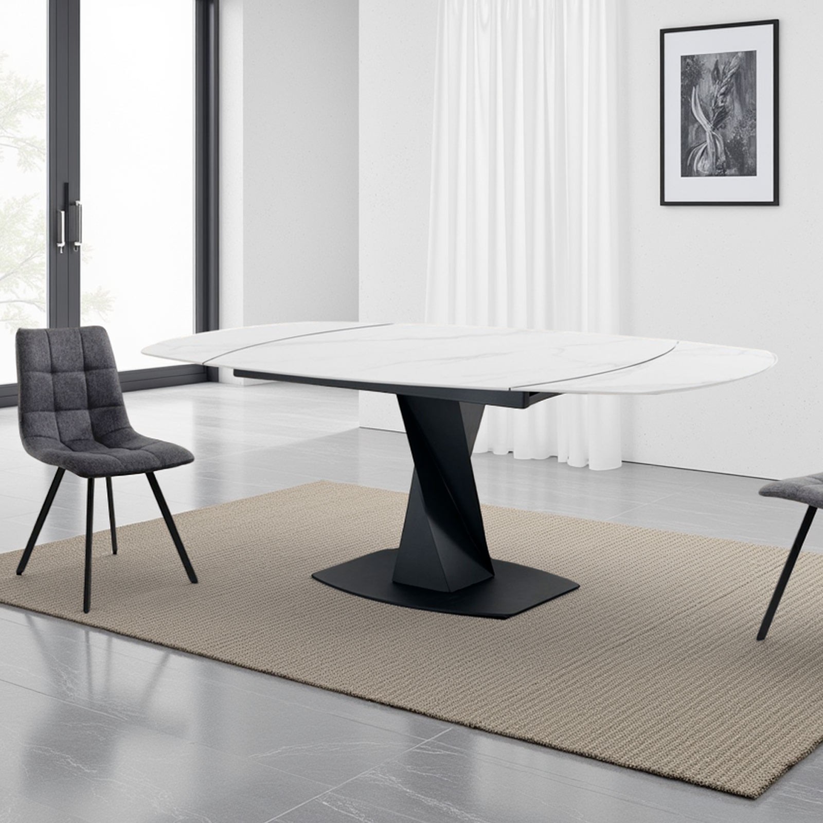 Tavolo Allungabile in ceramica EVAN MARBLE finitura Top Marmo Bianco opaco e base in metallo Nero opaco, 105-135-165 x 88 cm Tavolo Allungabile in ceramica EVAN MARBLE finitura Top Marmo Bianco opaco e base in metallo Nero opaco, 105-135-165 x 88 cm