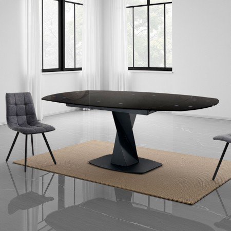 Tavolo Allungabile in vetro temprato Evan Top verniciato Nero e base in metallo Nero opaco, 105-135-165 x 95 cm