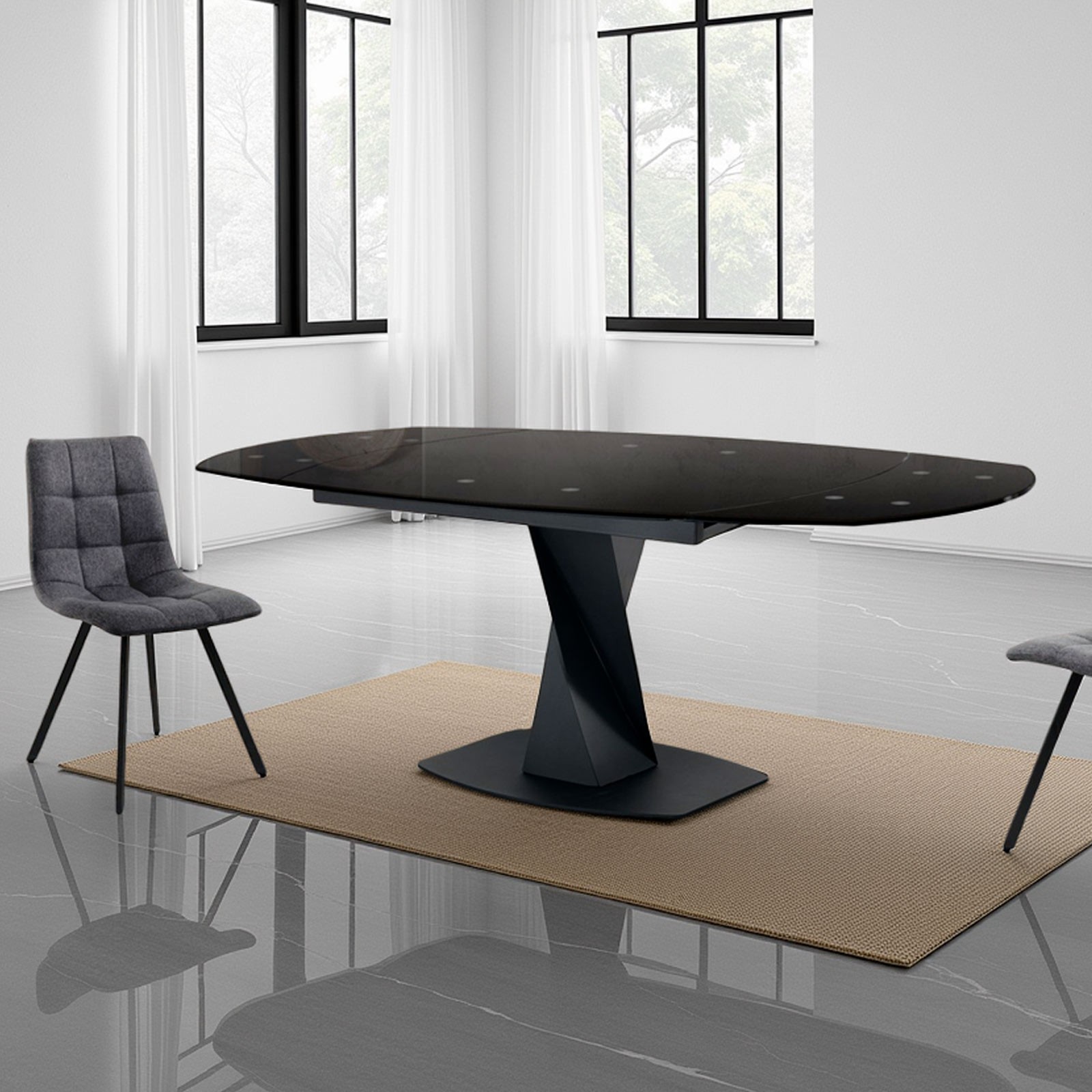 Tavolo Allungabile in vetro temprato Evan Top verniciato Nero e base in metallo Nero opaco, 105-135-165 x 95 cm