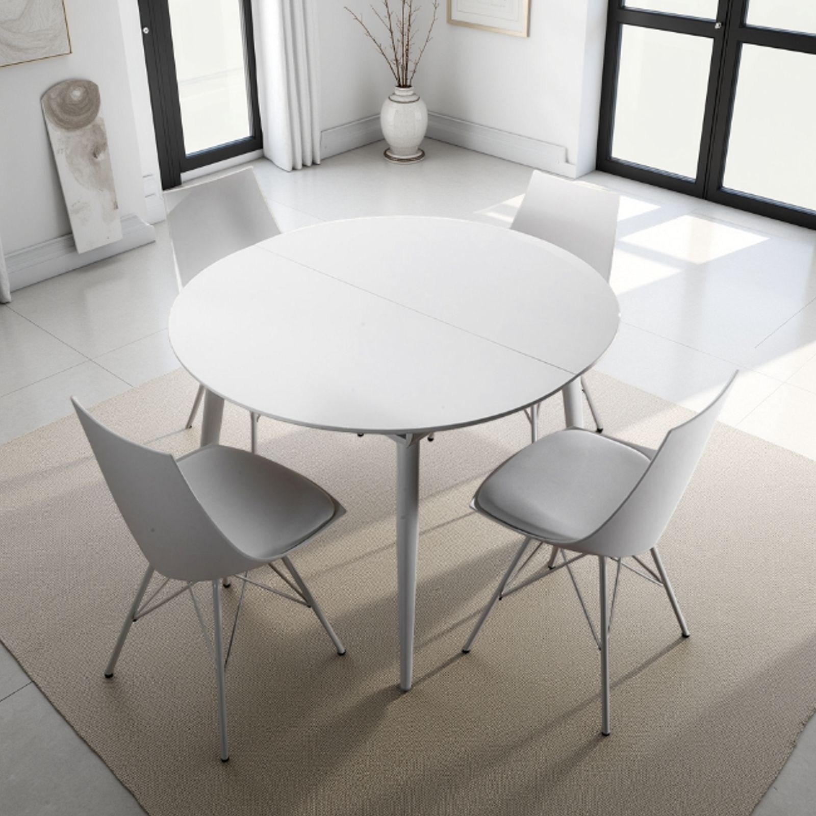 Tavolo Allungabile Ethan Round verniciato Bianco lucido e metallo, 120-160x110 cm
