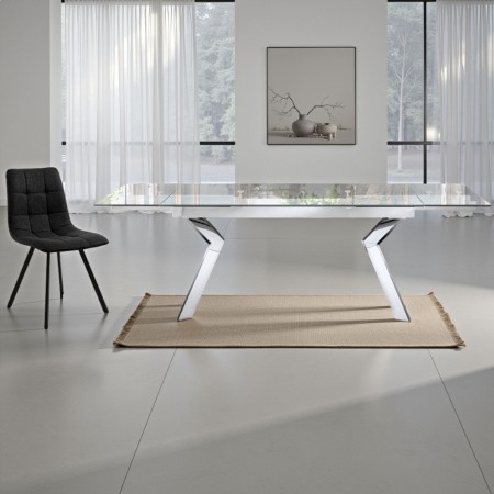 Tavolo allungabile JIAN CROMO acciaio cromato piano vetro trasparente H76 P90 L160/200/240
