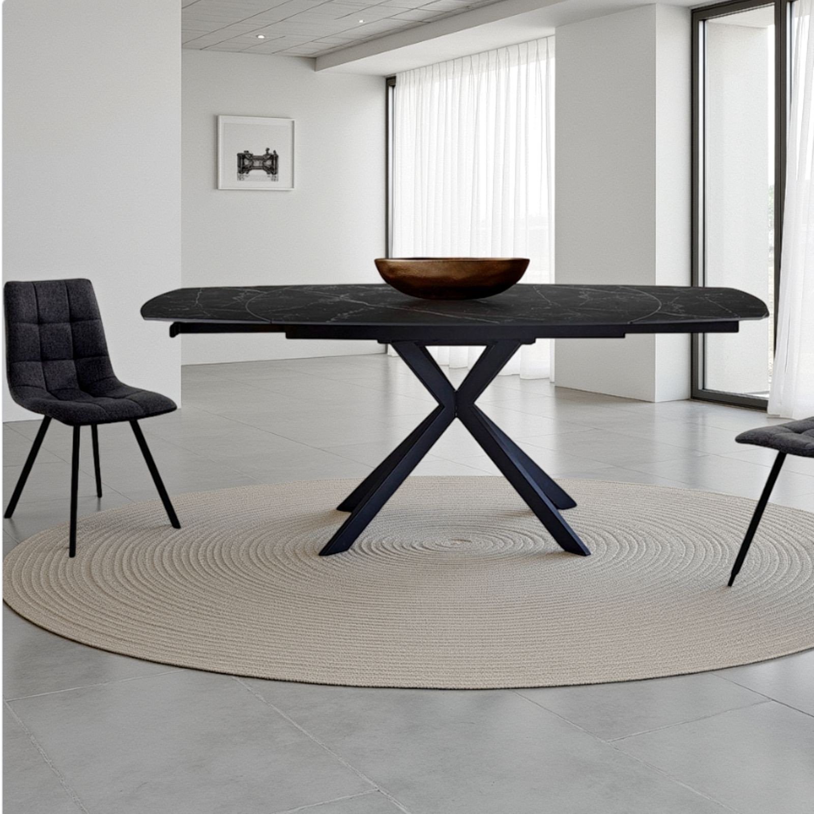 Tavolo allungabile in ceramica VICKI MARMO NERO finitura top Marmo Nero opaco e base in acciaio Nero opaco, 140/200 x 90 cm