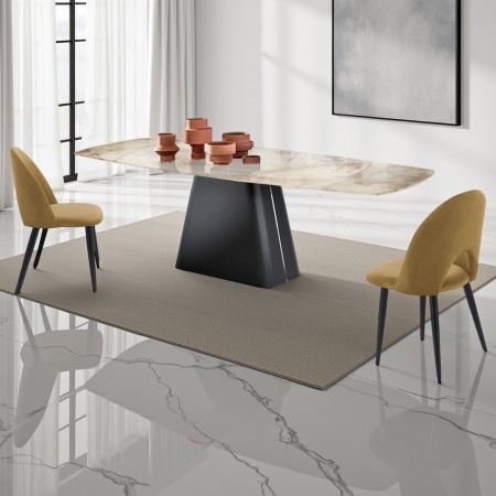 Tavolo allungabile MARK MARMO acciaio Nero opaco piano ceramica finitura Marmo Giallo lucido apertura girevole H78 P90  L160/240