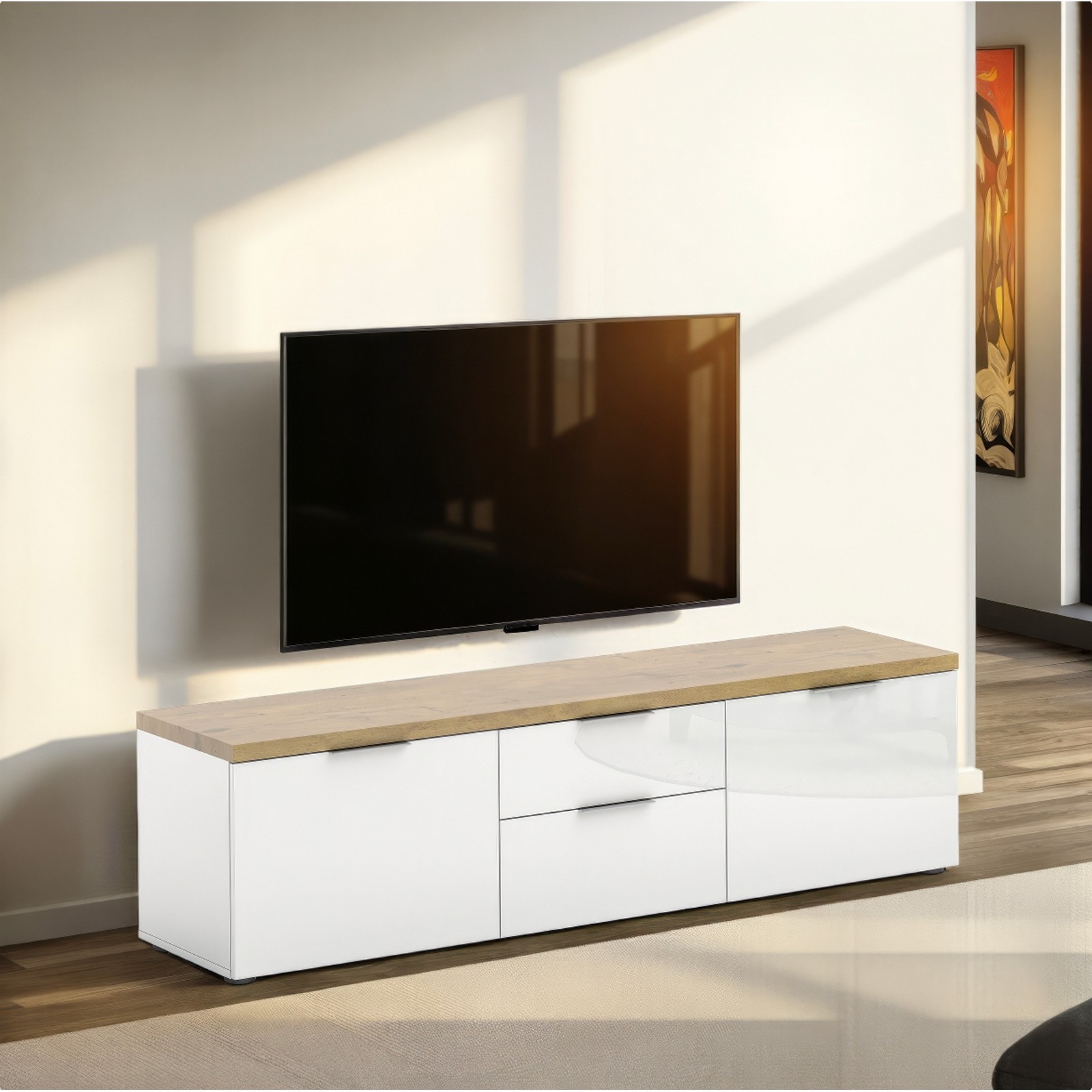TORONTO WHITE 180 Porta TV 2 ante 2 cassetti  laccata Bianco lucido top finitura Rovere cm H49 L180 P43
