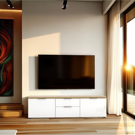 TORONTO WHITE 180 Porta TV 2 ante 2 cassetti  laccata Bianco lucido top finitura Rovere cm H49 L180 P43