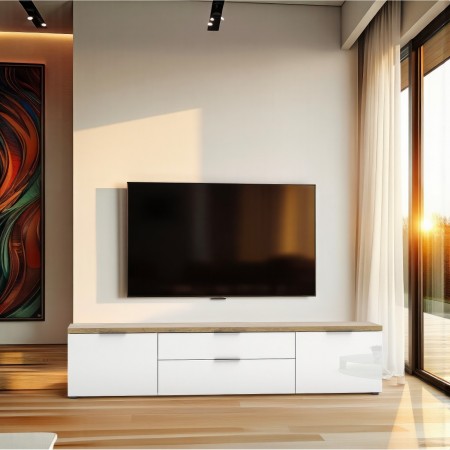 TORONTO WHITE 180 Porta TV 2 ante 2 cassetti laccata Bianco lucido top finitura Rovere cm H49 L220 P43