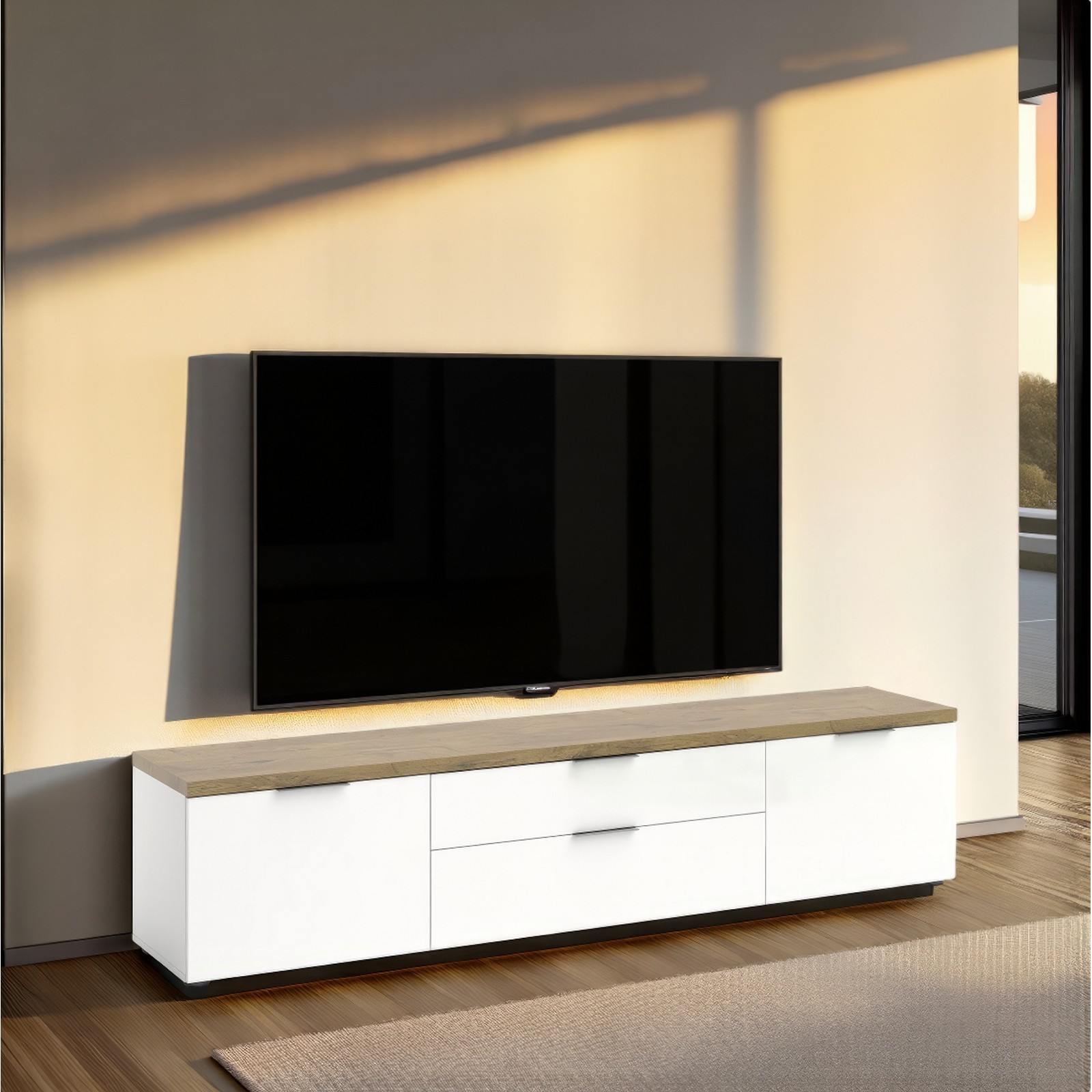 TORONTO WHITE 220 Porta TV 2 ante 2 cassetti laccata Bianco lucido top finitura Rovere cm H49 L220 P43