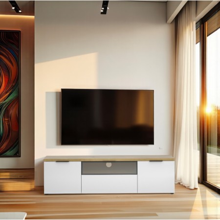TORONTO WHITE 180 Porta TV 2 ante 1 cassetto  laccata Bianco lucido top finitura Rovere cm H49 L180 P43