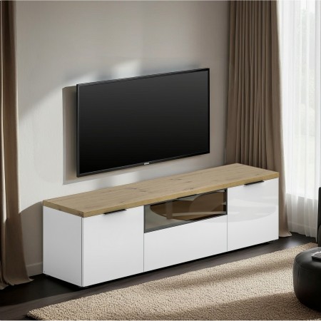 TORONTO WHITE 180 Porta TV 2 ante 1 cassetto  laccata Bianco lucido top finitura Rovere cm H49 L180 P43