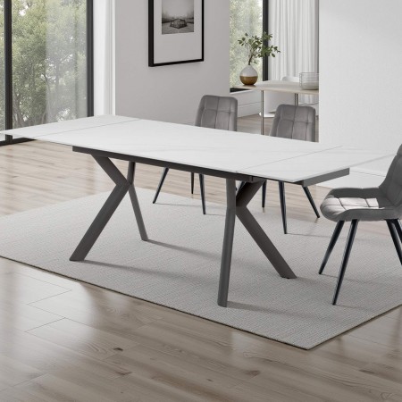 Tavolo Allungabile in ceramica CONNY BIANCO finitura Top Marmo Bianco opaco e base in acciaio Grigio opaco, 140-170-200 x 80 cm
