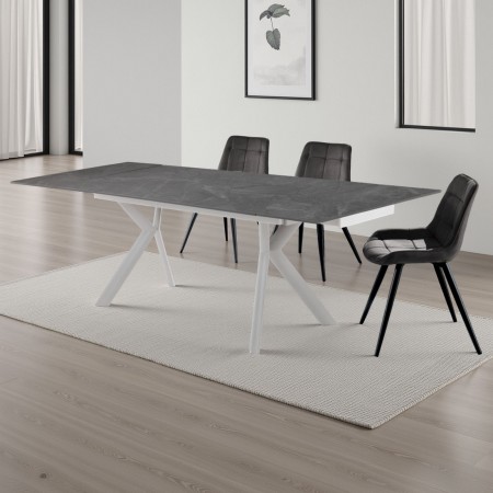 Tavolo Allungabile in ceramica CONNY GRIGIO finitura Top Marmo Grigio opaco e base in acciaio Bianco opaco, 140-170-200x80 cm