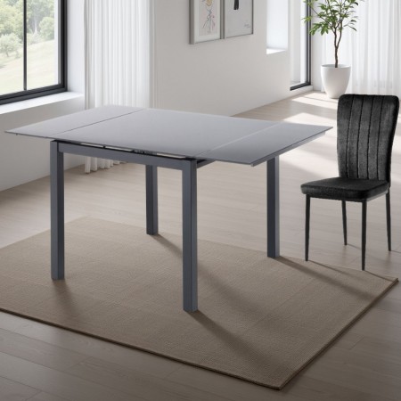 Tavolo Allungabile William 90 Grey in Vetro temprato Grigio e metallo verniciato opaco, 90-150x90 cm