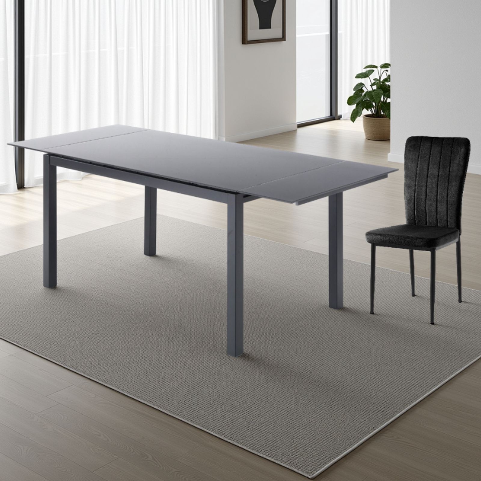 Tavolo Allungabile William 140 Grey in Vetro temprato Grigio e metallo verniciato opaco, 140-200x80 cm