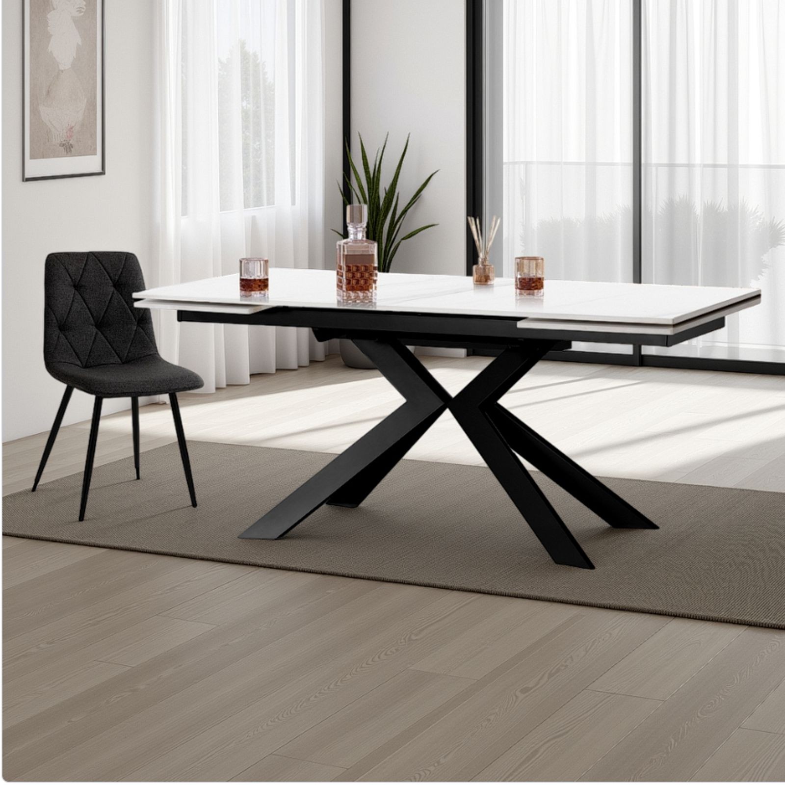 Tavolo Allungabile in ceramica Justin Evolution Marble / Grey fin. Marmo Bianco opaco e metallo antracite, 160-200-240 x 90 cm