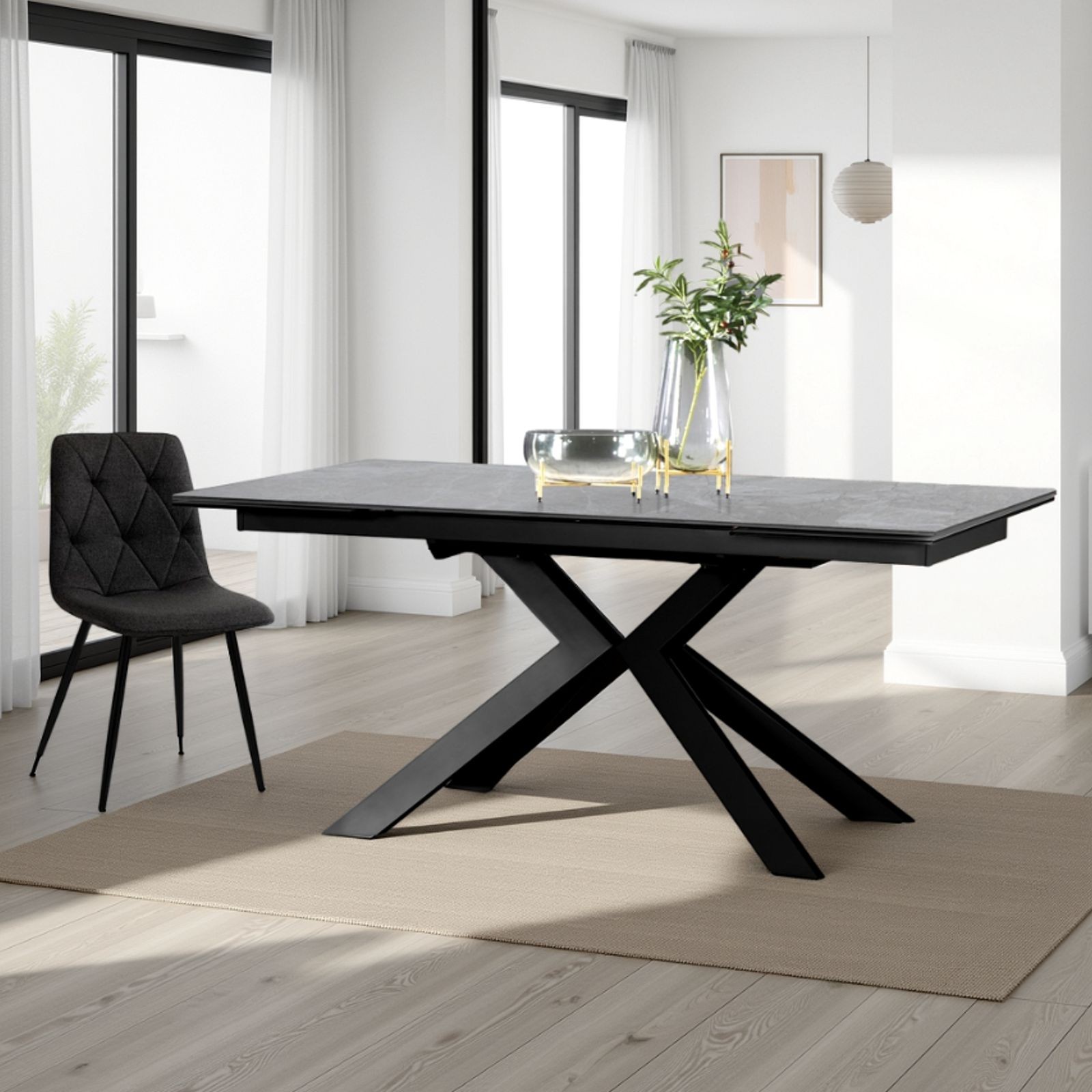 Tavolo Allungabile in ceramica JUSTIN GREY MARBLE finitura Marmo Grigio opaco e base in metallo Grigio opaco, 160-200-240x90 cm