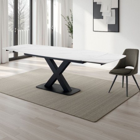 Tavolo allungabile STEFF WHITE MARBLE basamento Nero opaco piano in ceramica finitura Marmo Bianco opaco H.77 P.90 L.160/195/230