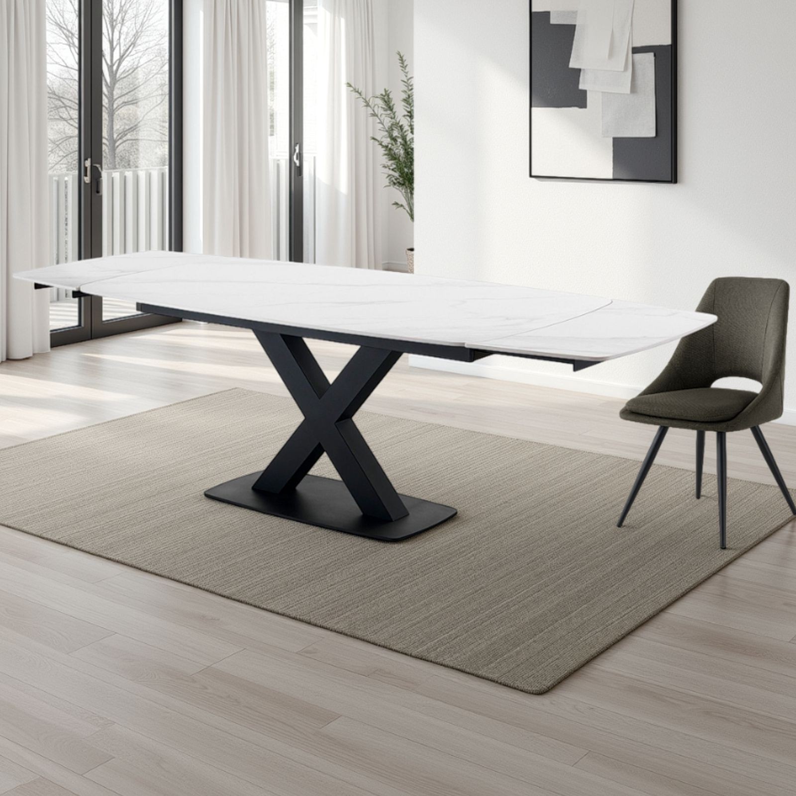 Tavolo allungabile STEFF WHITE MARBLE basamento Nero opaco piano in ceramica finitura Marmo Bianco opaco H.77 P.90 L.160/195/230