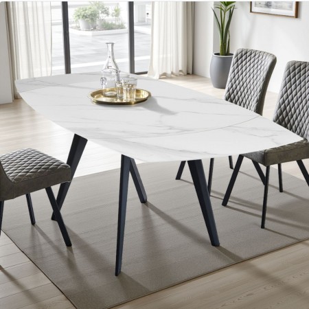 Tavolo allungabile in ceramica RALPH MARMO BIANCO finitura piano Marmo Bianco e base in acciaio, 140-200 x 90 cm