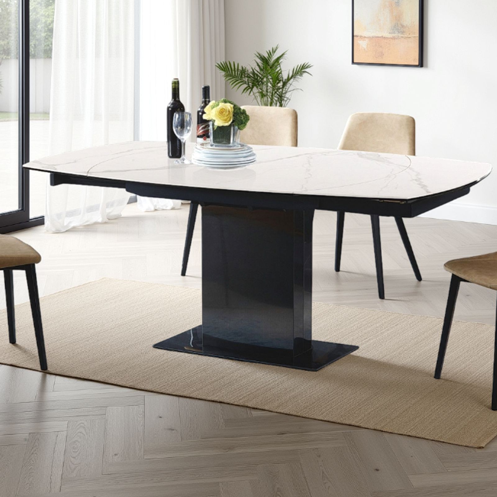 Tavolo Allungabile Morgan White Marble in ceramica finitura Marmo Bianco opaco e acciaio Grigio opaco, 120-180x90 cm