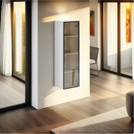 TORONTO WHITE Colonna pensile vetrina 1 anta  bianco lucido vetro temprato fumé cm H120 L35 P28,5