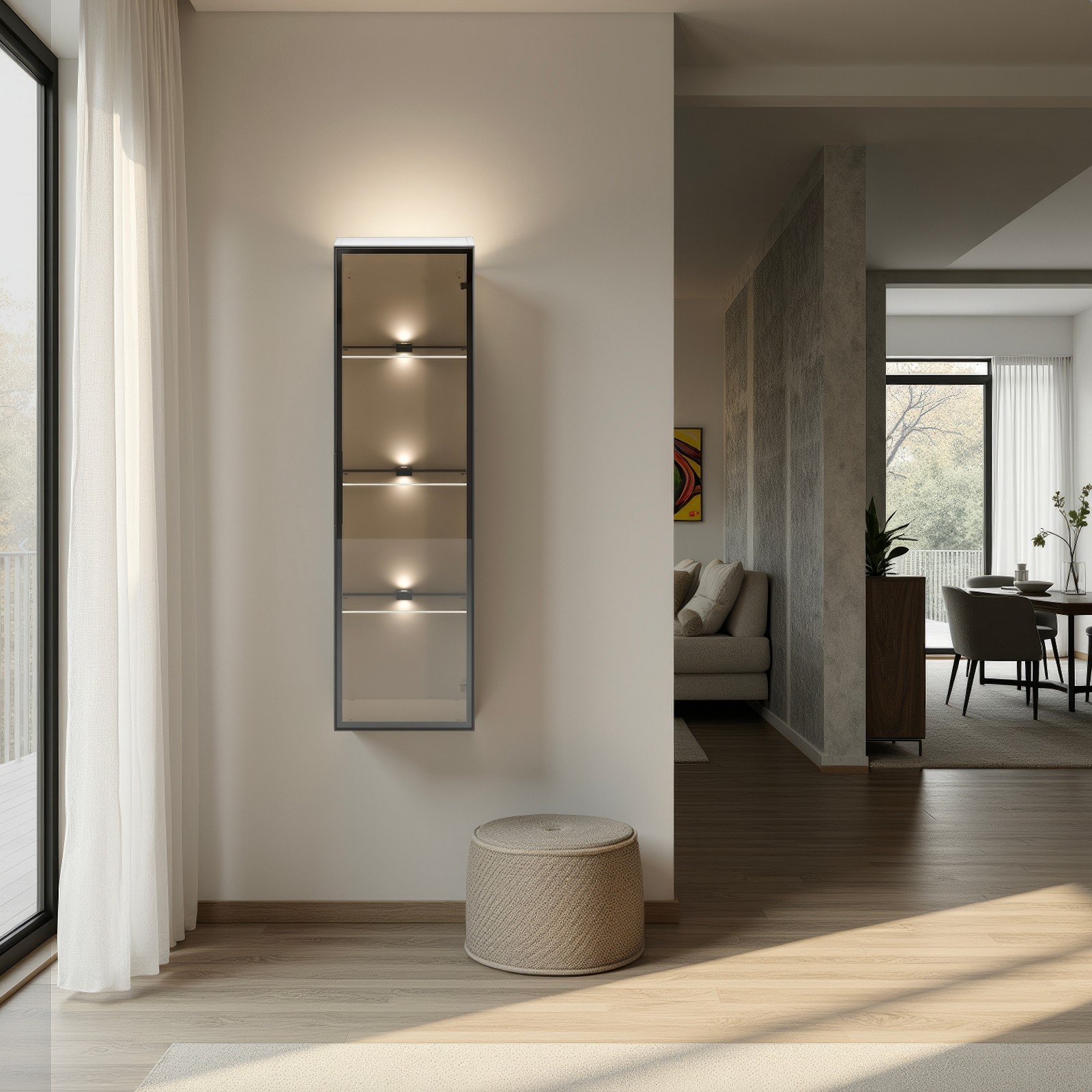TORONTO WHITE Colonna pensile vetrina 1 anta  bianco lucido vetro temprato fumé cm H120 L35 P28,5