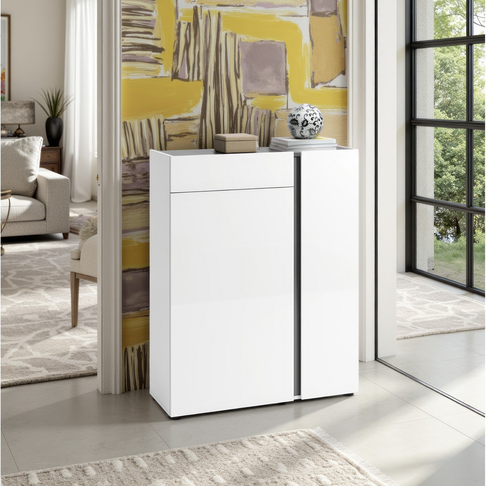 OTTAWA WHITE Scarpiera 2 ante 1 cassetto  laccata colore Bianco lucido top colore Antracite cm H115 L91 P33