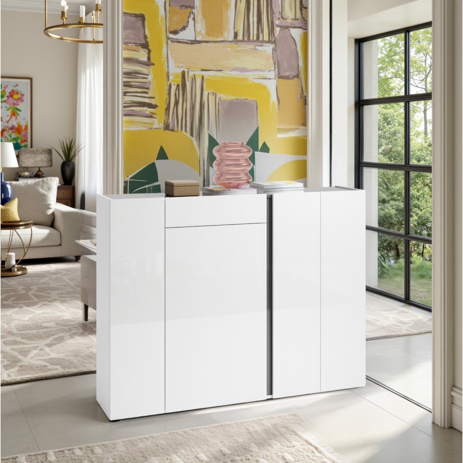 OTTAWA WHITE Scarpiera 4 ante 1 cassetto laccata colore Bianco lucido top colore Antracite cm H115 L149 P33