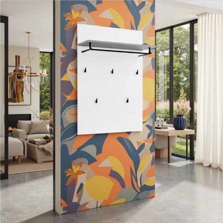 OTTAWA WHITE Pannello appendiabiti da parete laccato di colore Bianco lucido 5 ganci 1 barra appendiabiti cm H115 L80 P25