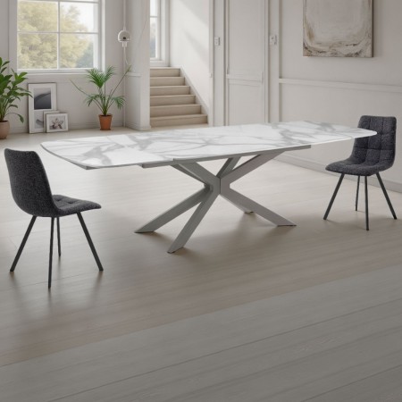 Tavolo allungabile ovale ELMO EVO 160  PLATINO MARMO BIANCO acciaio opaco piano ceramica Marmo Bianco H75,5 P90 L.160-200-240