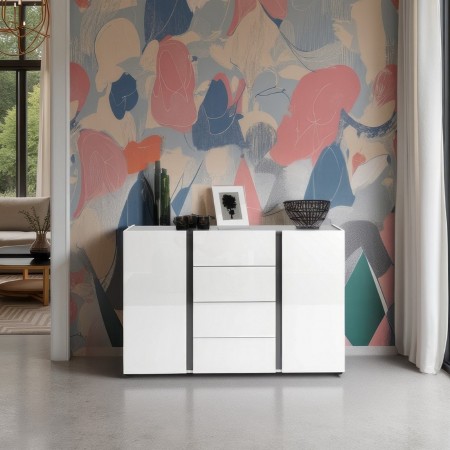 OTTAWA WHITE Madia 2 ante 4 cassetti   laccato colore Bianco lucido cm H92 L140 P38
