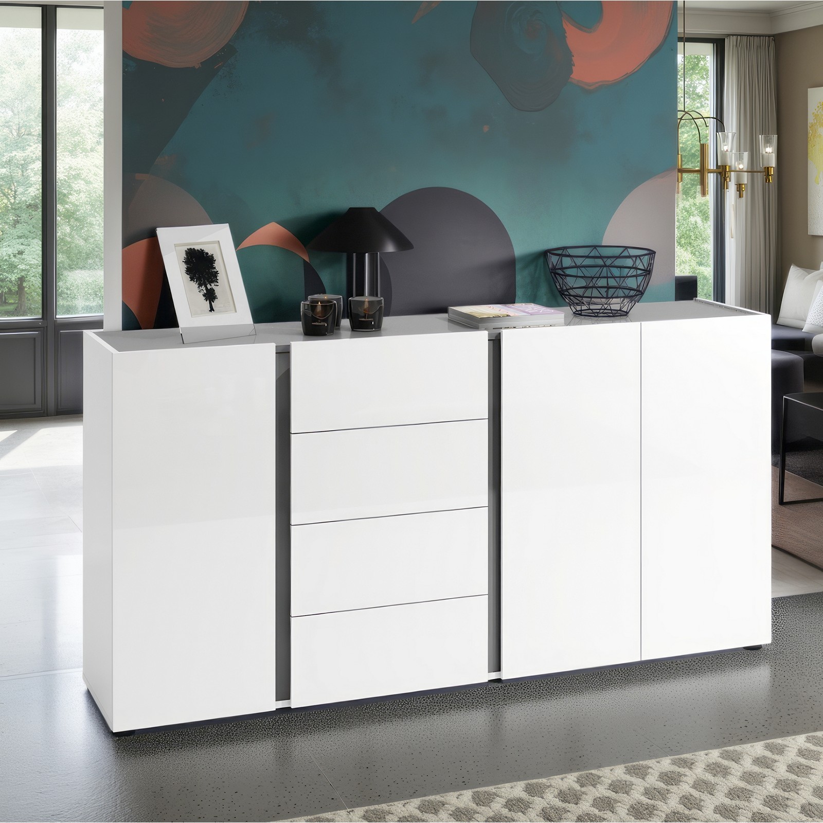 OTTAWA WHITE  Madia 3 ante 4 cassetti laccato colore Bianco lucido cm H92 L180 P38