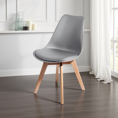 Sedia Diamond Evo Wood Grey in pelle sintetica Grigia e polipropilene, gambe legno massello finitura Rovere, 49x54xh81 cm