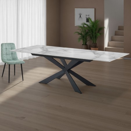 Tavolo allungabile ELMO EVO MARMO BIANCO basamento acciaio Nero opaco piano ceramica Marmo Bianco lucido H75 P90 L160/200/240