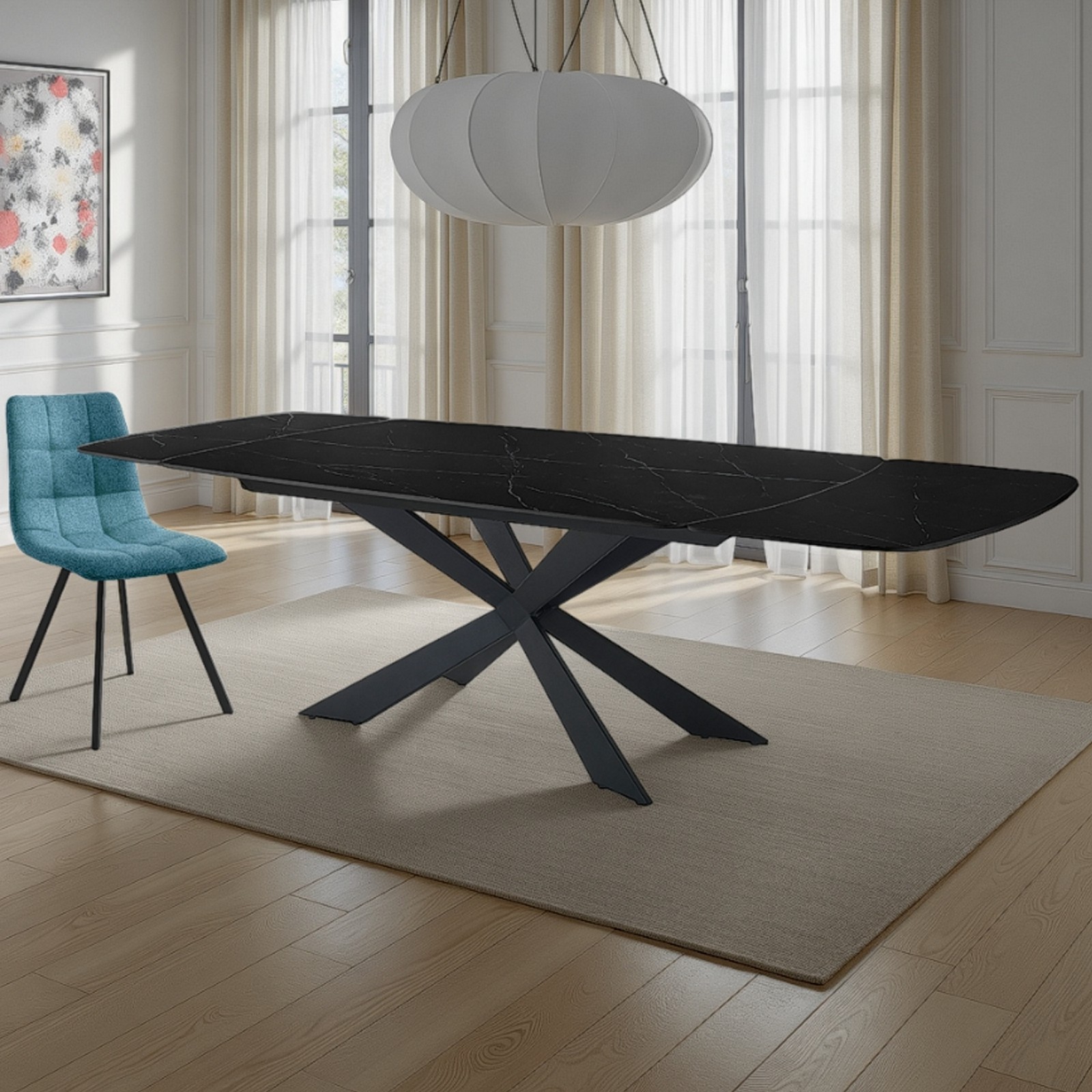 Tavolo Allungabile Ovale ELMO EVO 160 MARMO NERO acciaio Nero Opaco ceramica finitura Marmo Lucido cm H75,5 P90 L.160-200-240