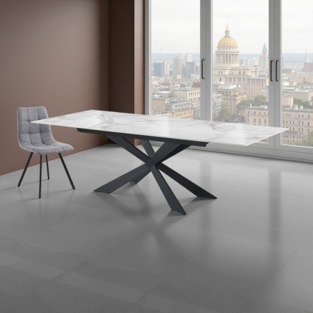 Tavolo Allungabile ELMO EVO 120 MARMO BIANCO acciaio Nero opaco ceramica finitura Marmo Bianco lucido cm H75 P80 L120-150-180