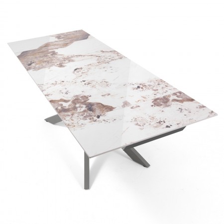 Tavolo Allungabile ELMO EVO 120 PLATINO MARMO ONICE piano ceramica basamento acciaio cm H75 P80 L120-150-180