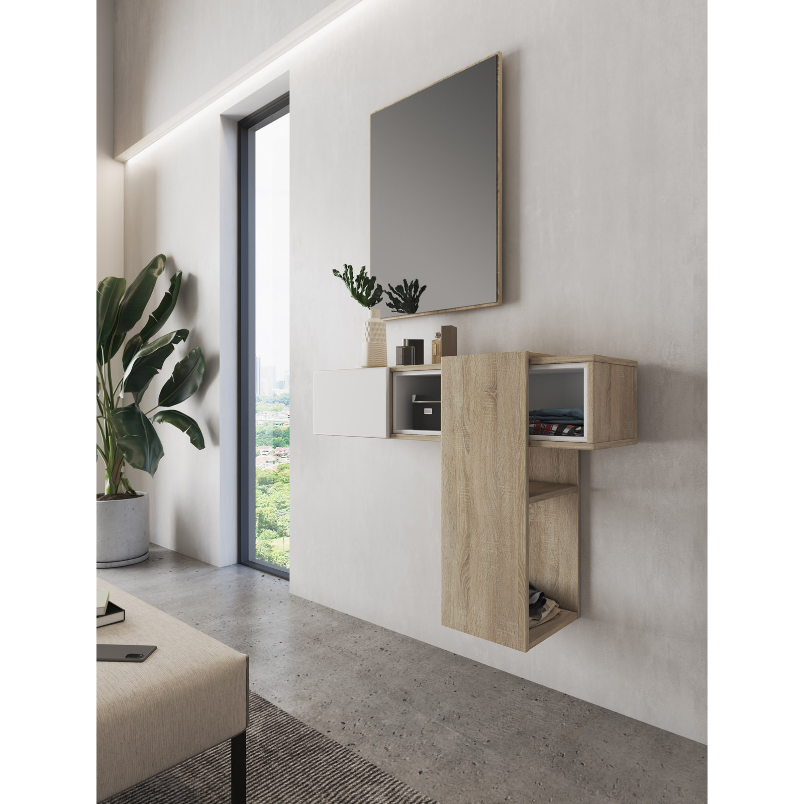 MOBILETTO DA INGRESSO SOSPESO CON SPECCHIO E RIPIANO SCORREVOLE MOD.  VARSAVIA - Grand Arredo Mobili