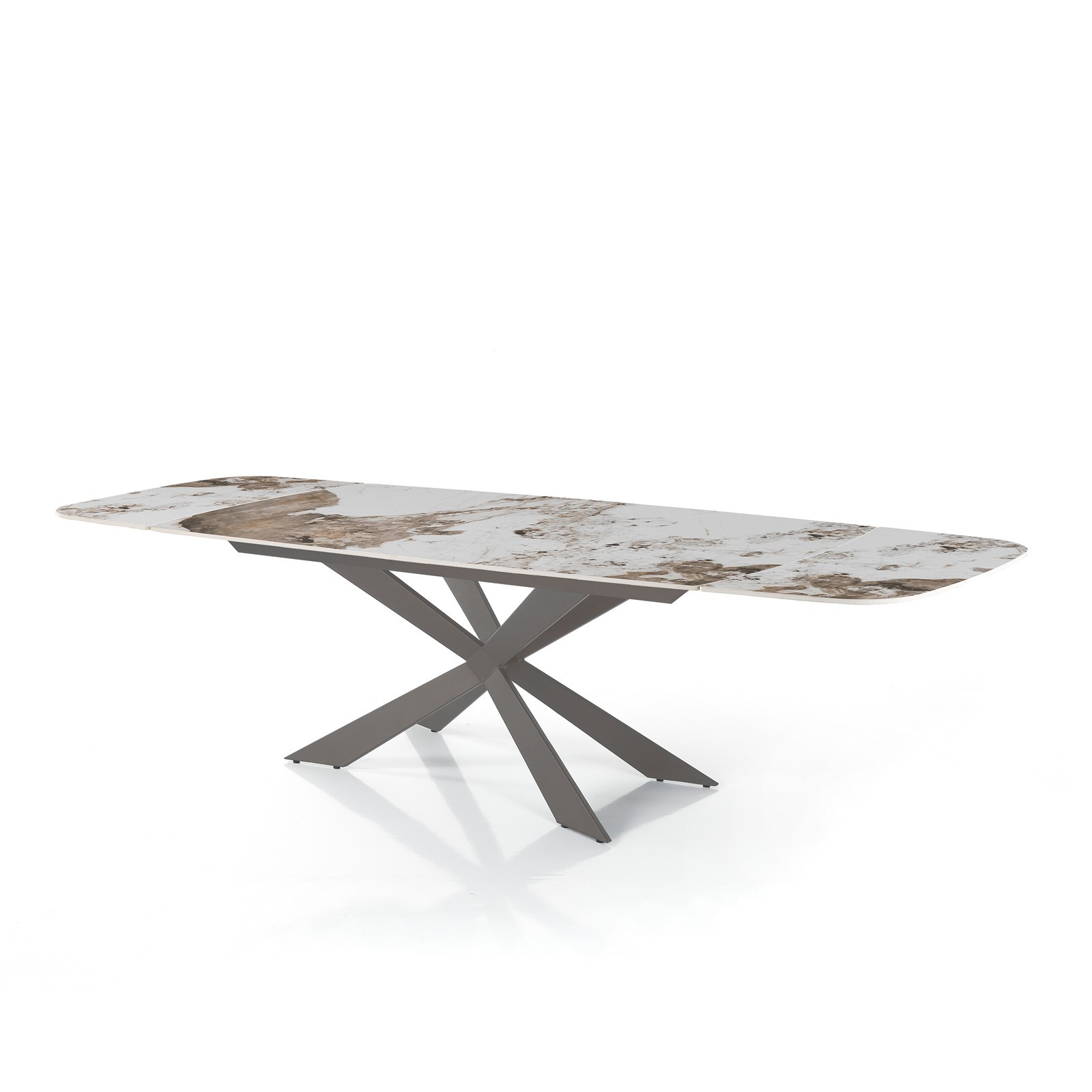 Tavolo Allungabile Ovale ELMO EVO 120 PLATINO MARMO ONICE piano ceramica basamento acciaio cm H75,5 P80 L120-150-180