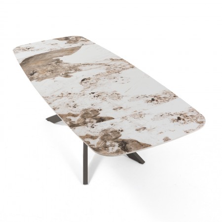 Tavolo Allungabile Ovale ELMO EVO 120 PLATINO MARMO ONICE piano ceramica basamento acciaio cm H75,5 P80 L120-150-180