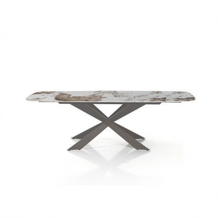 Tavolo Allungabile Ovale ELMO EVO 120 PLATINO MARMO ONICE piano ceramica basamento acciaio cm H75,5 P80 L120-150-180