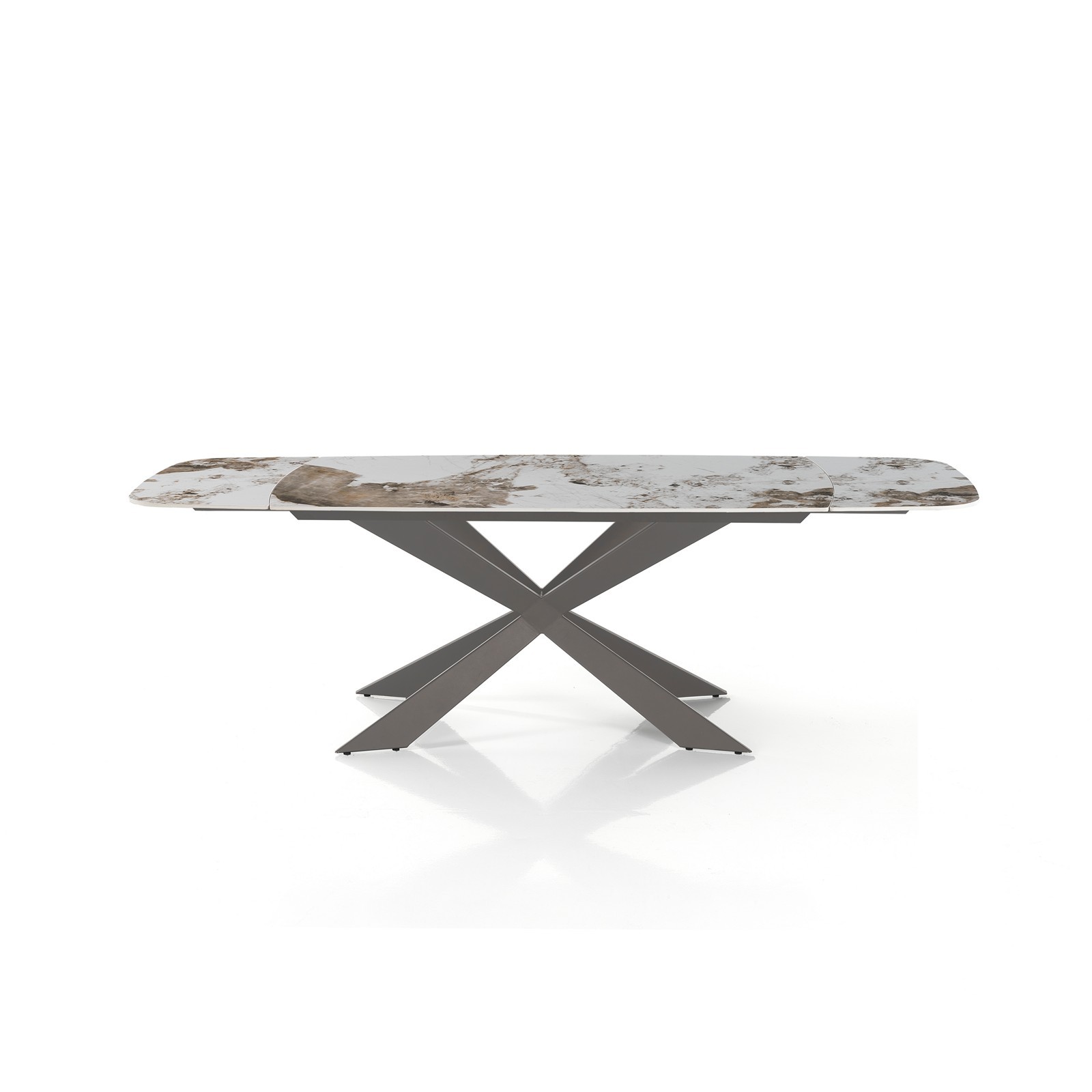 Tavolo Allungabile Ovale ELMO EVO 120 PLATINO MARMO ONICE piano ceramica basamento acciaio cm H75,5 P80 L120-150-180