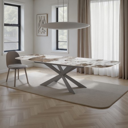 Tavolo Allungabile Ovale ELMO EVO 120 PLATINO MARMO ONICE piano ceramica basamento acciaio cm H75,5 P80 L120-150-180