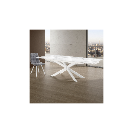 Tavolo allungabile ELMO 160 BIANCO basamento Bianco opaco piano ceramica Marmo Bianco lucido cm H.74,5 P.90 L.160/200/240