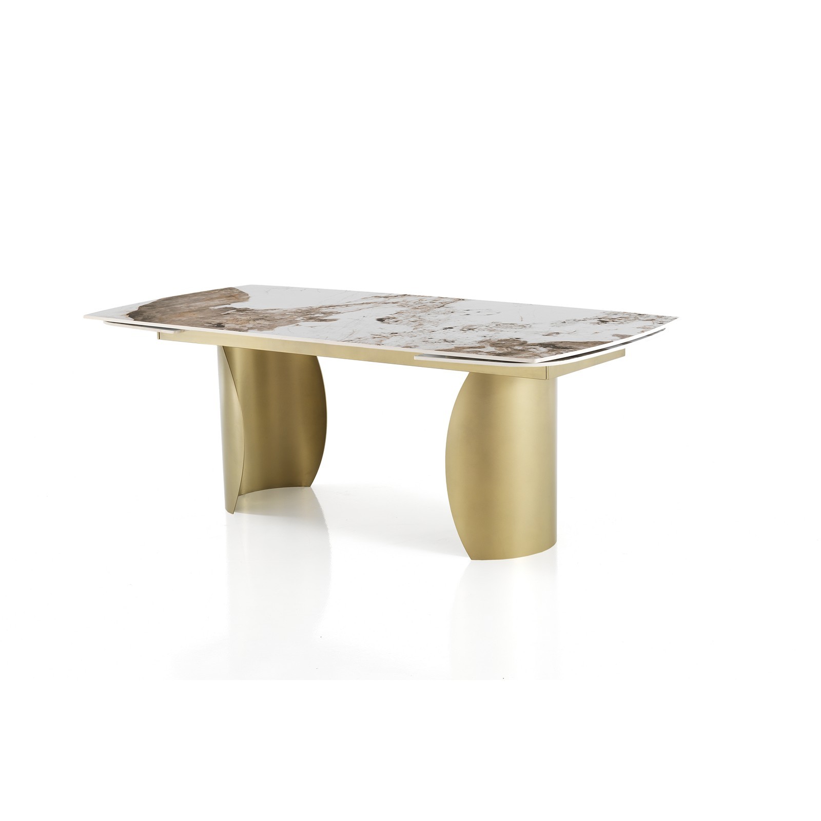 Tavolo Allungabile WILMA ORO Basamento Champagne Oro Piano Ceramica finitura Marmo Onice lucido H75,5 P83,5 L180/220/260