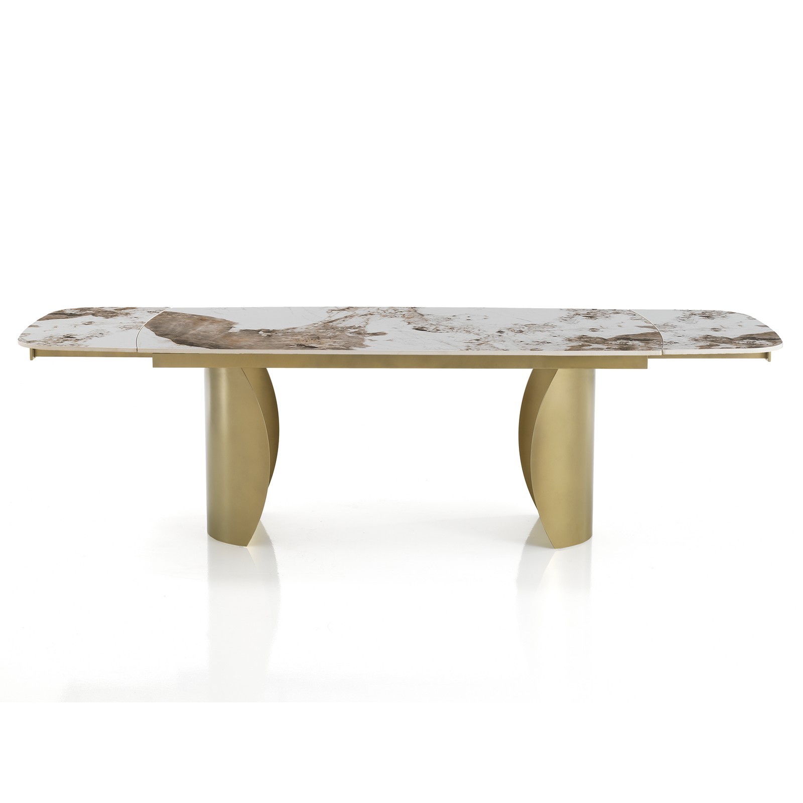 Tavolo Allungabile WILMA ORO Basamento Champagne Oro Piano Ceramica finitura Marmo Onice lucido H75,5 P83,5 L180/220/260