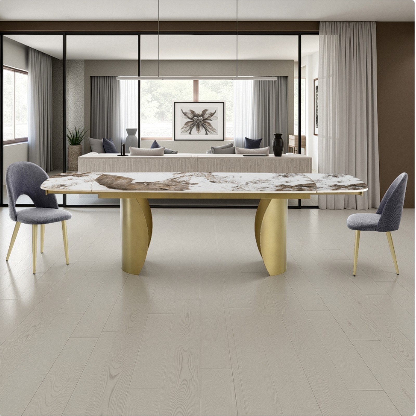 Tavolo Allungabile WILMA ORO Basamento Champagne Oro Piano Ceramica finitura Marmo Onice lucido H75,5 P83,5 L180/220/260 Tavolo Allungabile WILMA ORO Basamento Champagne Oro Piano Ceramica finitura Marmo Onice lucido H75,5 P83,5 L180/220/260