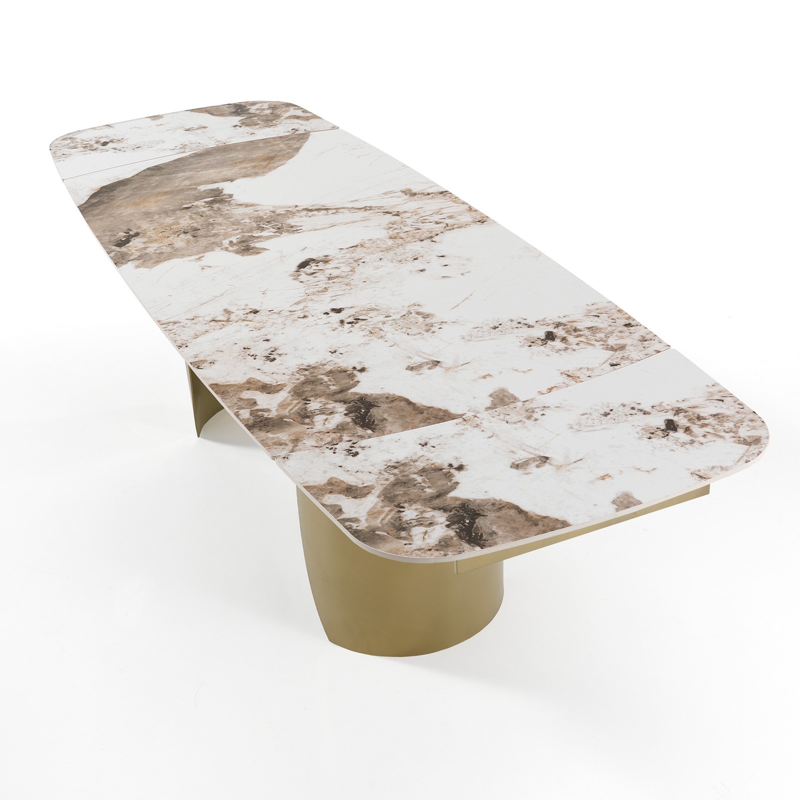 Tavolo Allungabile WILMA ORO Basamento Champagne Oro Piano Ceramica finitura Marmo Onice lucido H75,5 P83,5 L180/220/260